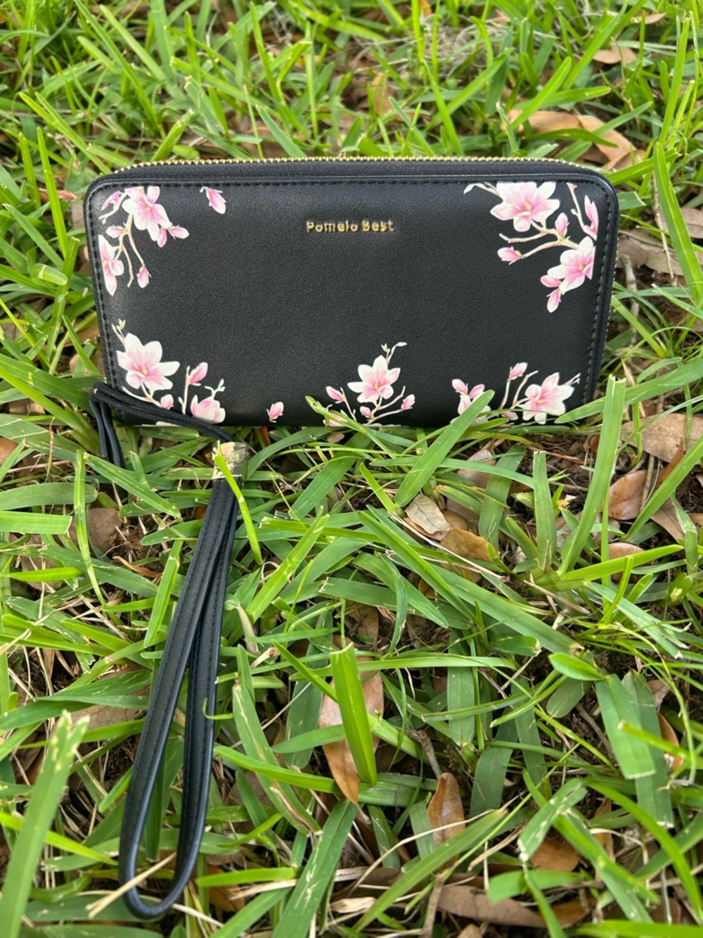 Pomelo Black Wallet with Pink Floral Accents and Wrist Strap RFID
